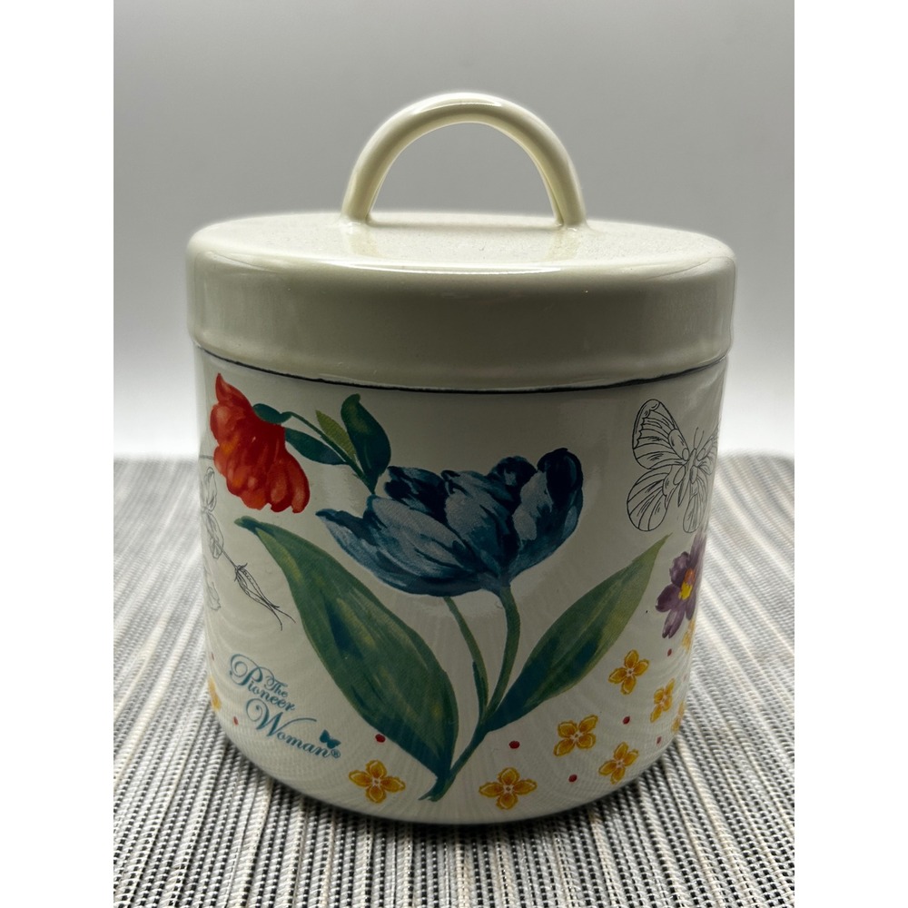 The Pioneer Woman Breezy Blossom Bacon Grease Canister Enamel Steel Strainer Lid